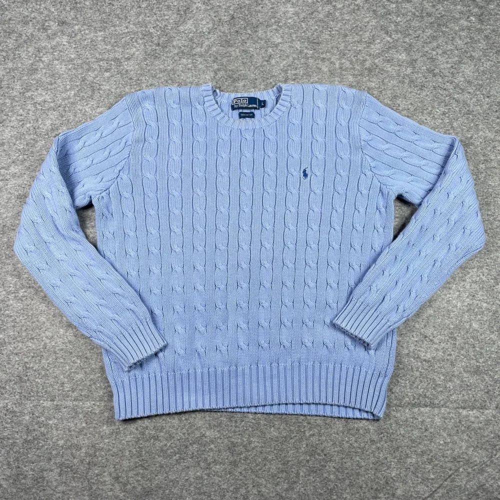 VTG Polo Ralph Lauren Sweater Mens L Blue Cable Knit Cotton Aran Crewneck 90s